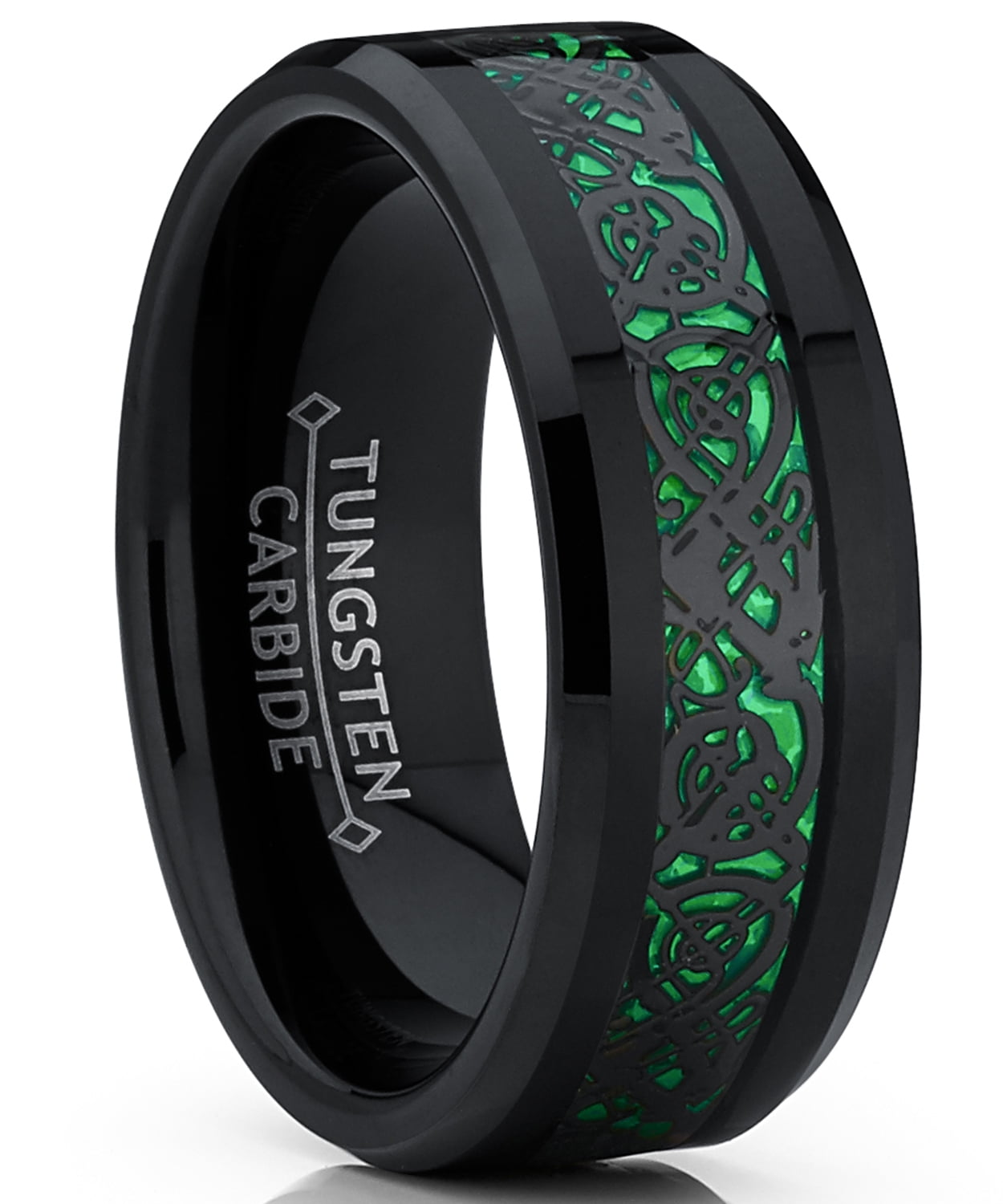 Men's jewelry 8Mm Tungsten Ring with  Black and Green Carbon Fiber Wedding Band 