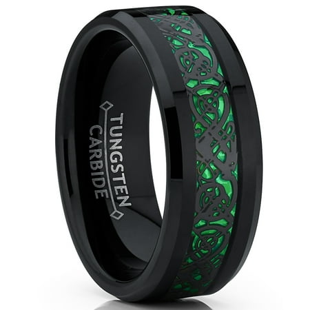 Ring Wright Co. Black Tungsten Carbide Dragon Ring Wedding Band Green Carbon Fiber Comfort Fit 8mm
