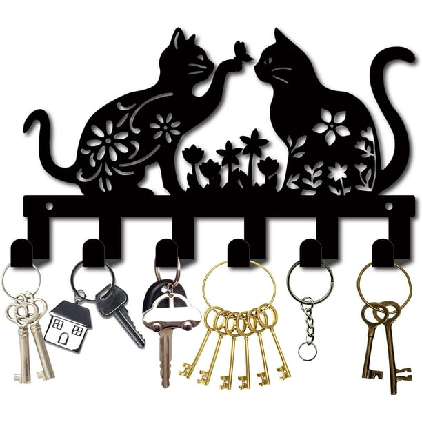 Colgador de llaves de metal con forma de gato para colgar en la pared, de hierro, con 6 ganchos, organizador de llaves de metal, color negro