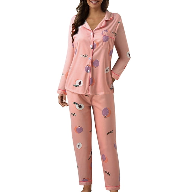 Pyjamas pour Femmes! Fadeal Pyjama Décontracté à Col Rabattu Bouton Imprimé à Carreaux Pêche Deux Pièces Manches Longues Ensemble de Pyjamas Doux pour Femmes Rose 2TG
