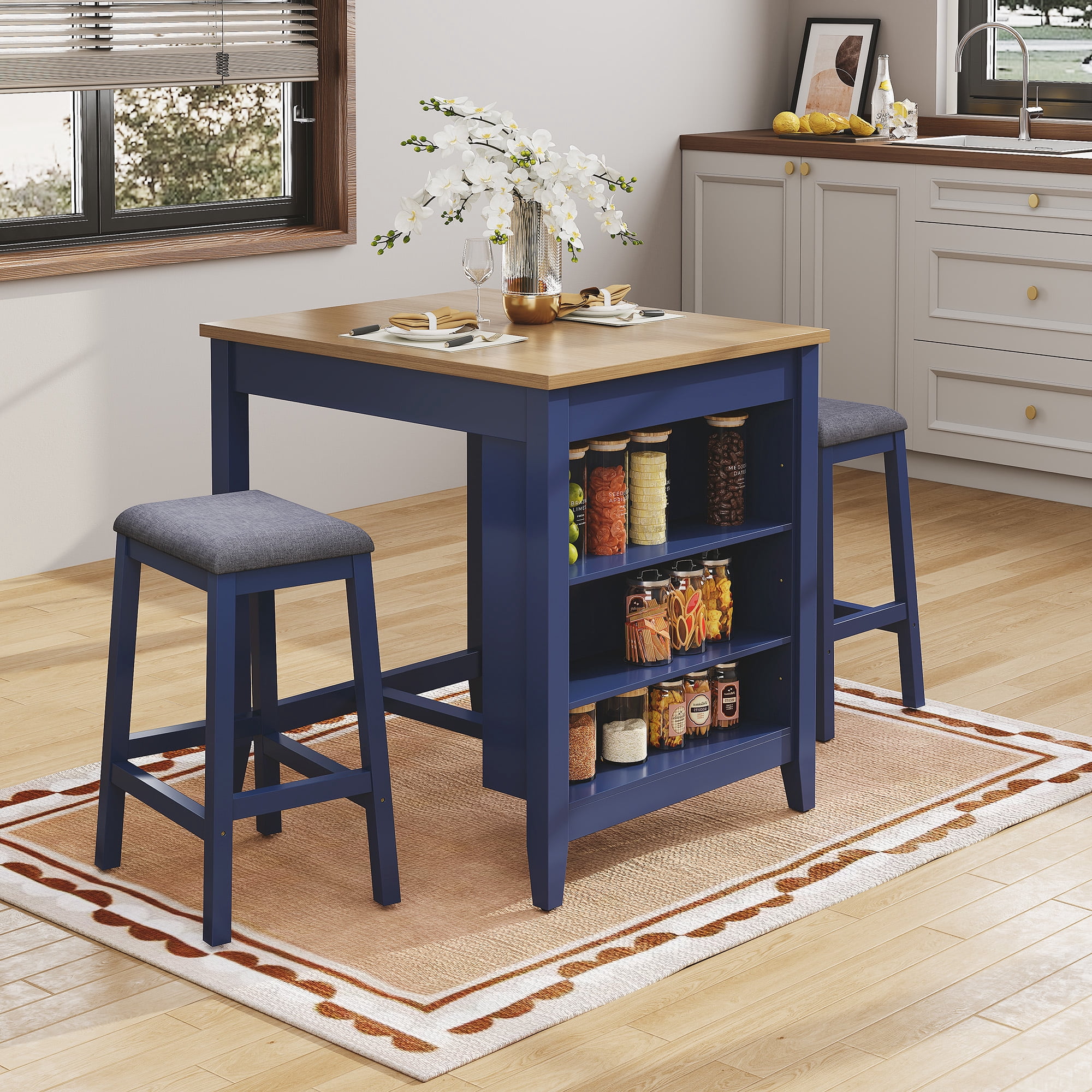 HLR 24.8" Bar Stools, Farmhouse Set of 2 Bar Chairs with Cushion for Kitchen, Dining Room, Cafe Blue