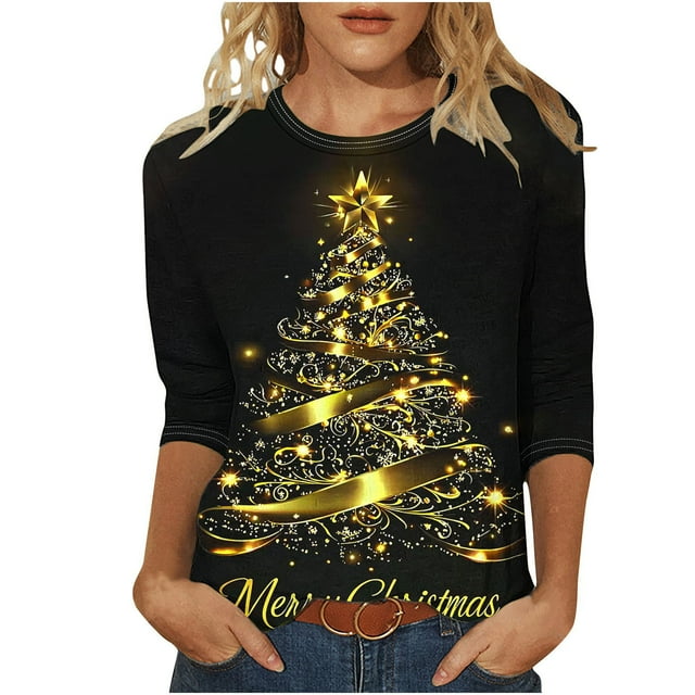 Lcziwo T-Shirts à Manches 3/4 pour Femmes, T-Shirts à Col Rond pour les Fêtes de Noël, Imprimé Arbre de Noël, Hauts Élégants, Mode d'Automne, Blouses Décontractées Tendance, Jaune, G