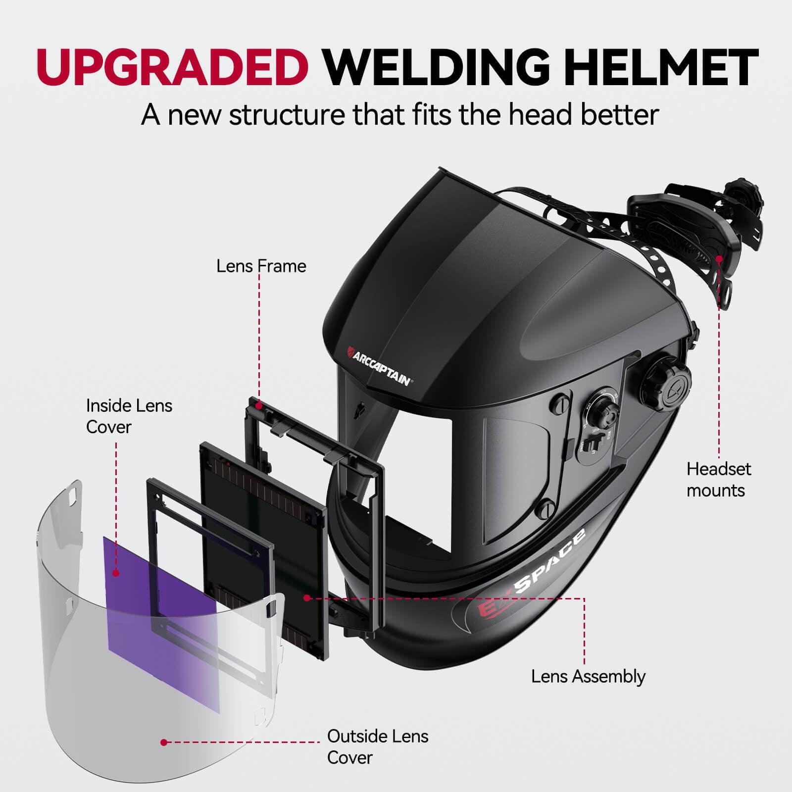 ARCCAPTAIN Lightweight Welding Helmet with True Color, 1/1/1/1 Optics, Extra-Large Viewing Screen, Solar Power, Adjustable Headgear