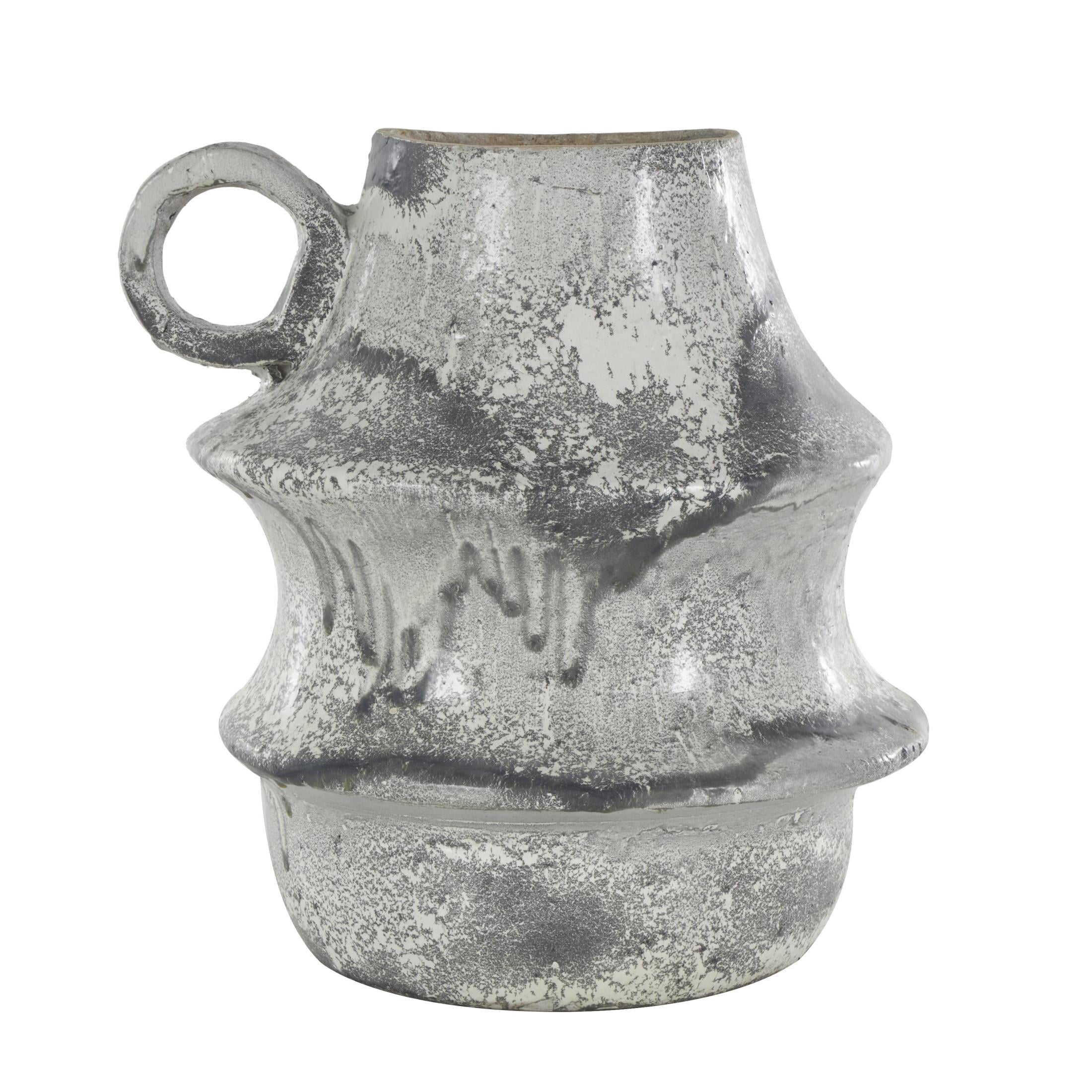 DecMode 15" Distressed Fluted Light Gray Paper Mache Vase with Light Gray Texturing and Ring Handle