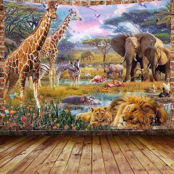 Decorative Wall Tapestry Bedroom - Safari Animals Nature Giraffe Elephant - 200 x 150cm Large - Fabric Wallpaper - Tapestry Aesthetic Wall