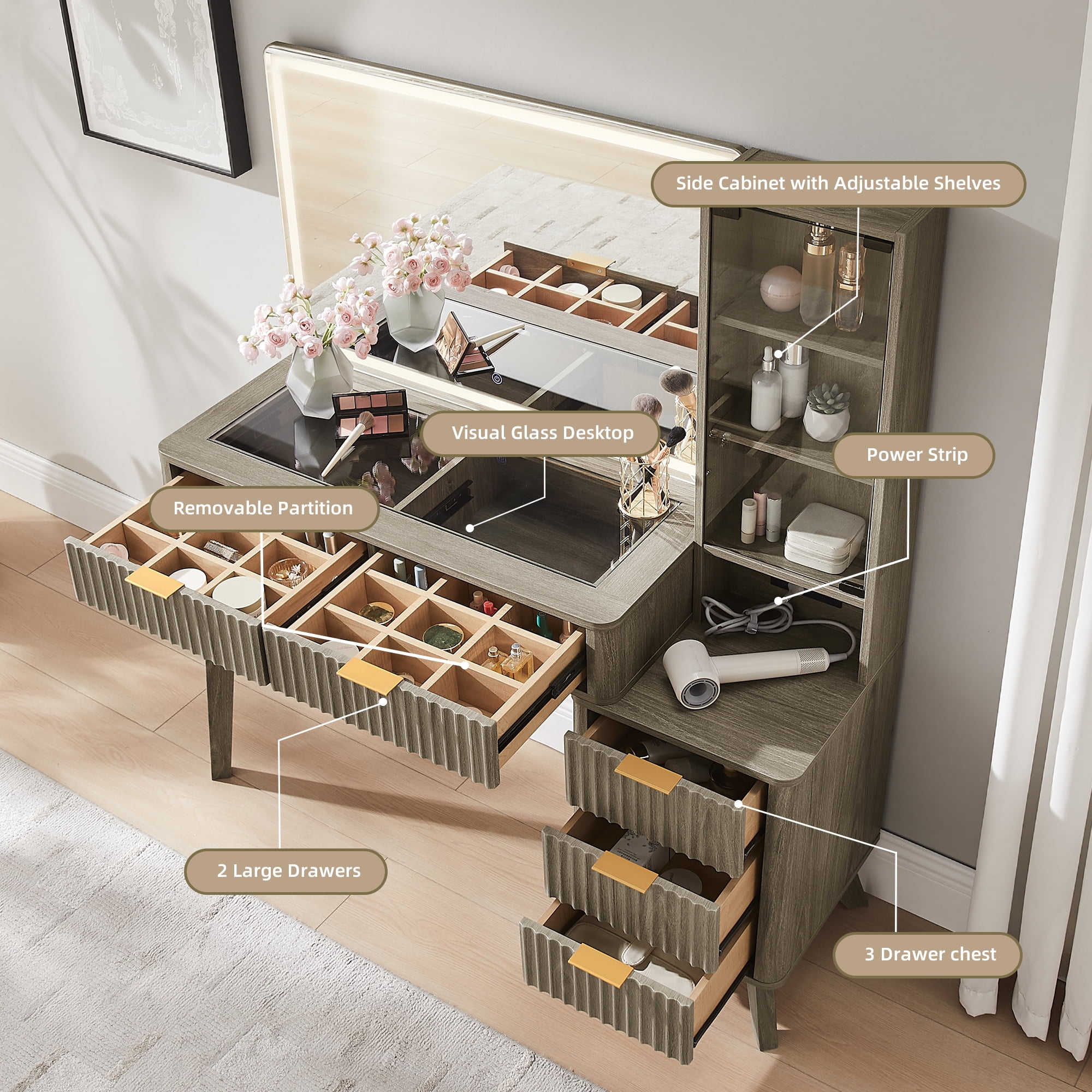 KeyWhat 48" Fluted Vanity Desk with 36" Mirror and Lights, Modern Makeup Table with 5 Drawers, Charging Station, Adjustable Shelves - Grey Alder