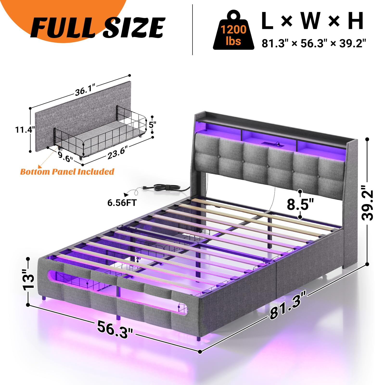 Aheaplus Full Size Bed Frame with Drawers Charging Station LED Light, Upholstered Full Bed Frame with Storage Headboard, Heavy Duty Wood Slats, No Box Spring Needed, Noise Free, Gray