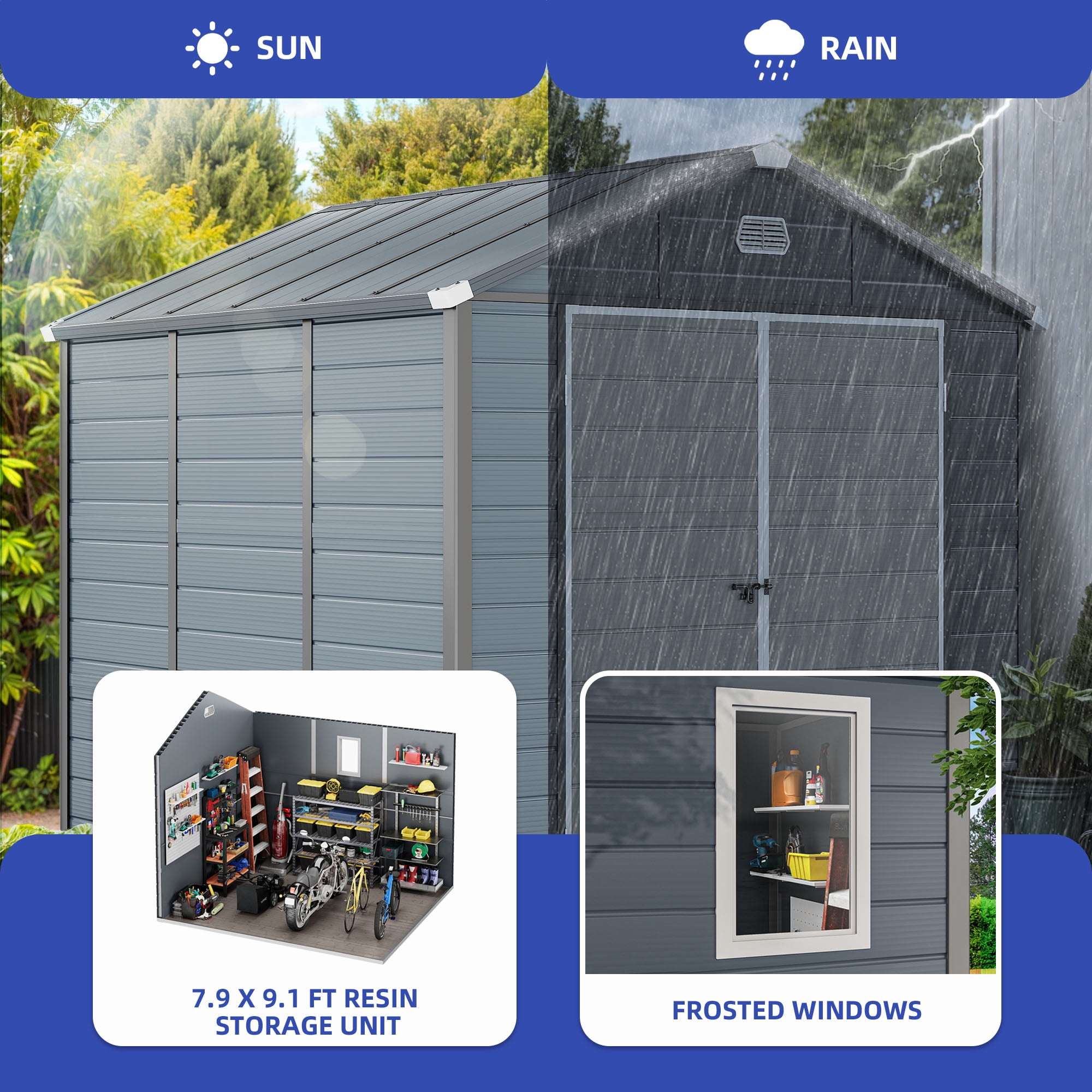 Uforic Resin Outdoor Storage Shed,7.87x9.1ft Heavy-Duty Plastic Tool Storage Shed with Reinforced Floor,Lockable Doors,Windows & Vents,Weather-Resistant for Outdoor Use