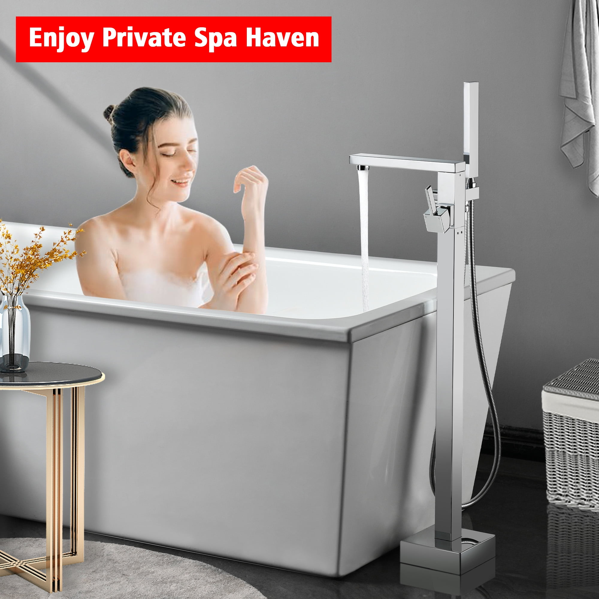 SUMERAIN Bathroom Freestanding Tub Faucet, Modern Floor Mount Tub Filler with Hand Shower High Flow, Chrome
