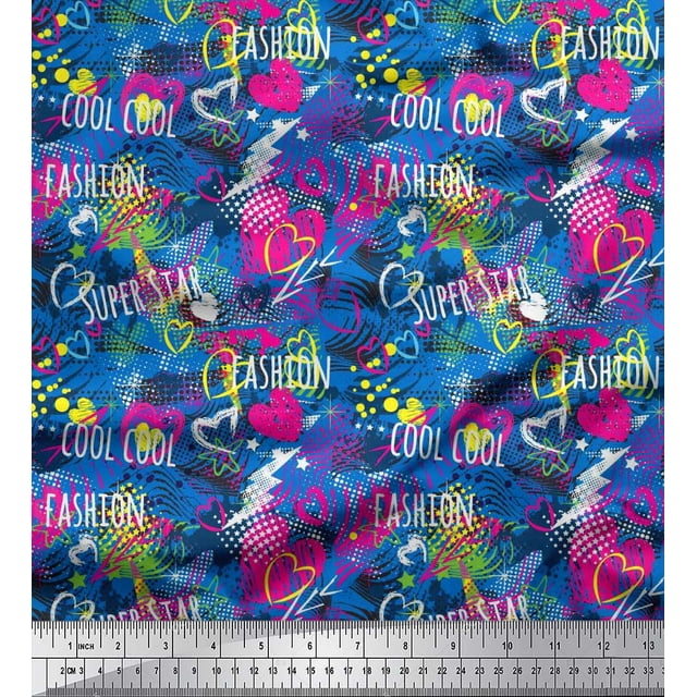 Soimoi Blue Poly Georgette Fabric Heart,Star & Fashion Text Decor Fabric Printed Yard 42 Inch Wide
