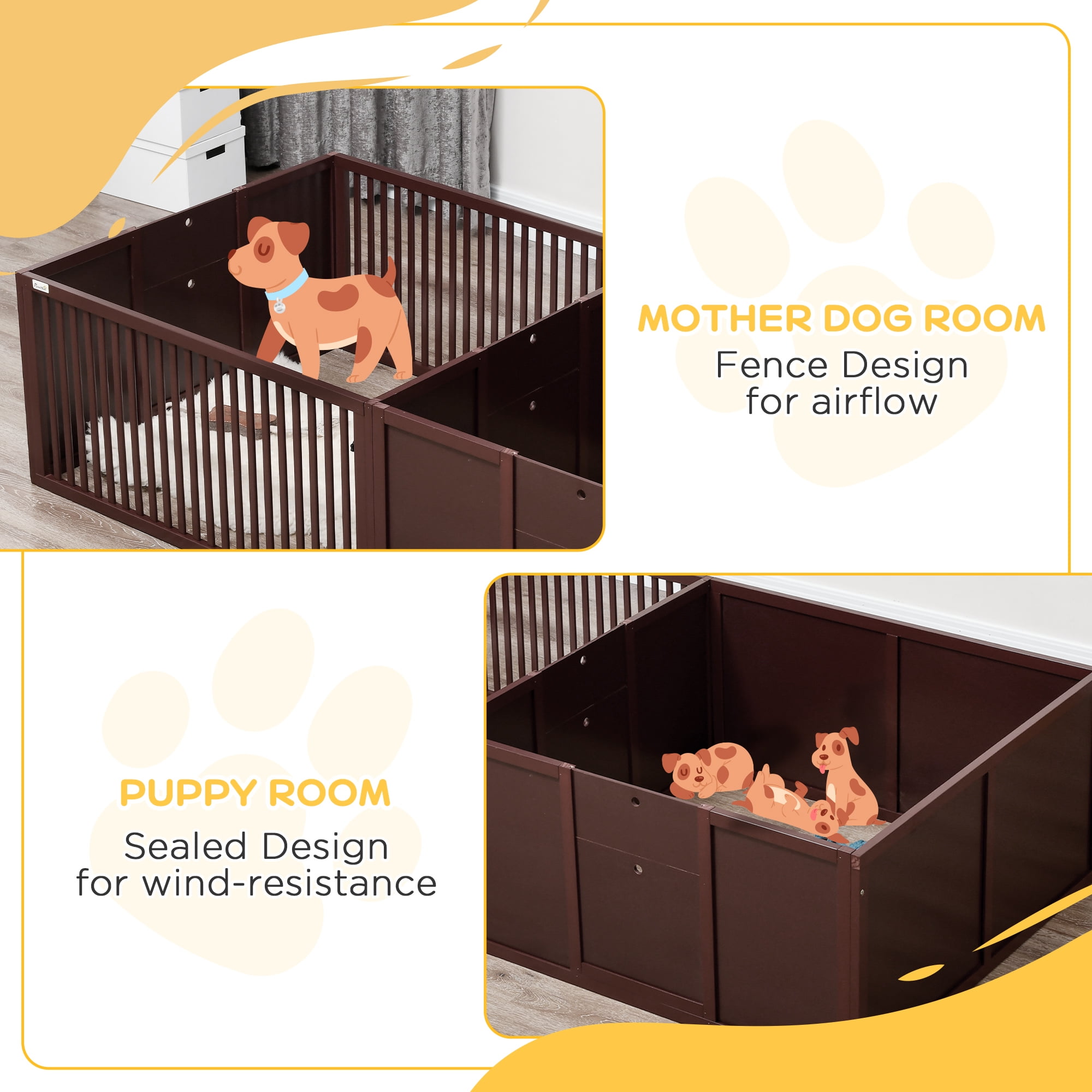 PawHut 81" x 40" Whelping Box for Dogs Built for Mother's Comfort, Newborn Puppy Supplies, Puppy Playpen with Adjustable Height Entrance Door, Coffee