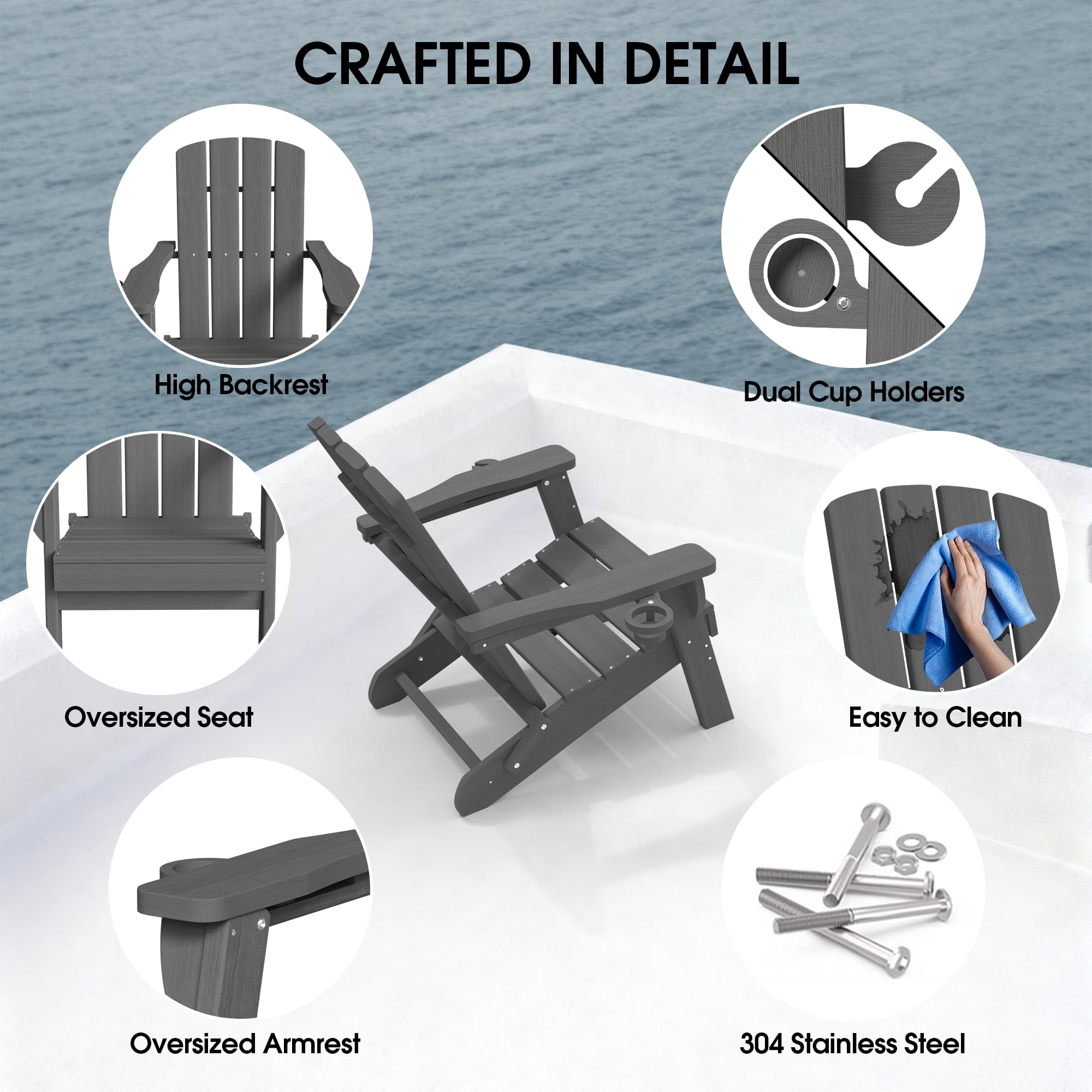 SUUNYN Folding Adirondack Chair, HDPE All-Weather Fire Pit Chairs, Plastic Adirondack Chairs with 2 Cup Holder, Grey