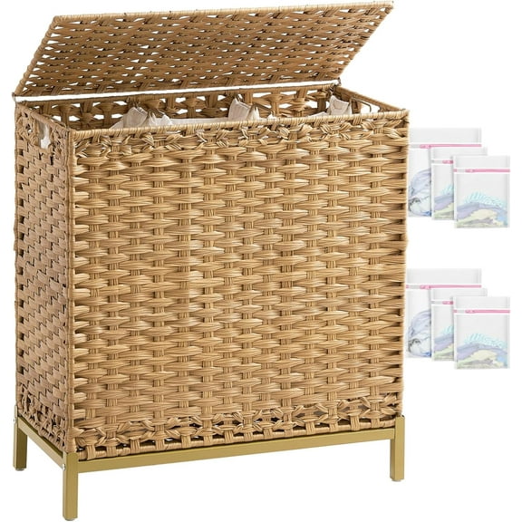 Laundry Hamper with Lid 132 L, (35 Gallons) Clothes Hamper with Lid, Handwoven Rattan Laundry Hamper with Metal Heightened Feet, Laundry Hampers with 3 Removable Liner Bags for Laundry-Natural