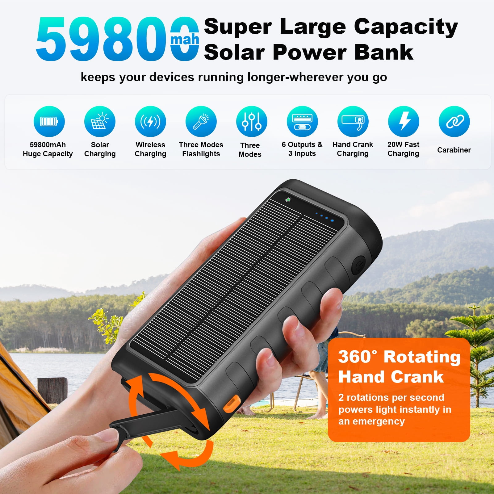 SOLPOWBEN 59800mAh Solar Power Bank, Portable 3-in-1 Wireless Charger, 20W Fast Charging External Battery Pack with Hand Crank, 6 Outputs, Dual Flashlight for Hiking Camping Essentials