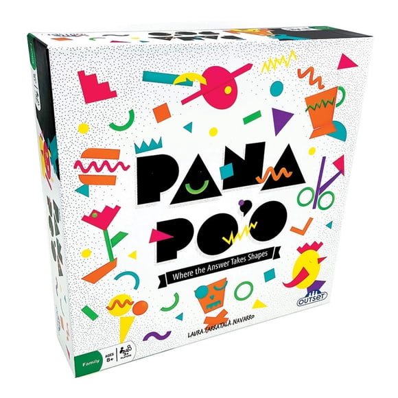 Juego de formas Pana Po'o: dibuja una tarjeta de objeto y usa formas para crear el elemento en un minuto. ¡Se requiere velocidad! - Edades de 8 años en adelante - Contiene 70 cartas, 2 dados y 84 form