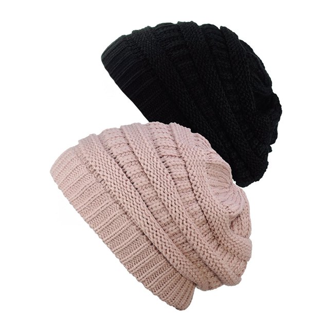 Womens Knit Beanie Cap Hat (2 PACK), Black/Rose