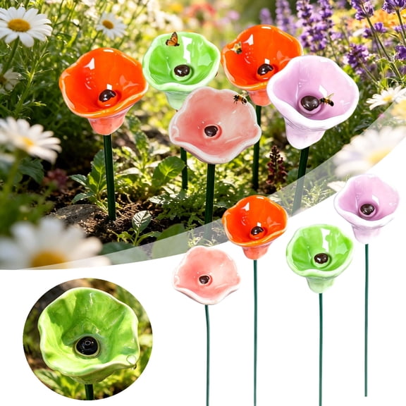 Ceramic Bee Mini Watering Station for Garden, Handmade Flower Water Feeder for Bees Butterflies & Hummingbirds, Decorative Outdoor Pollinator Water Dish Stake for Patio Lawn Balcony Pots