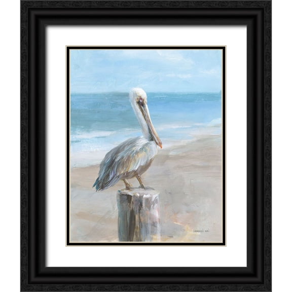 Nai, Danhui 12x14 Black Ornate Wood Framed with Double Matting Museum Art Print Titled - Pelican by the Sea
