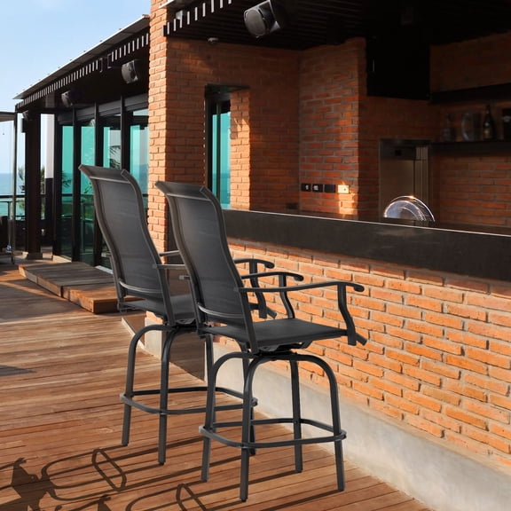 Outsunny Set of 2 Outdoor Swivel Bar Stools with Armrests, Bar Height Patio Chairs with Steel Frame for Balcony, Poolside, Backyard, Black
