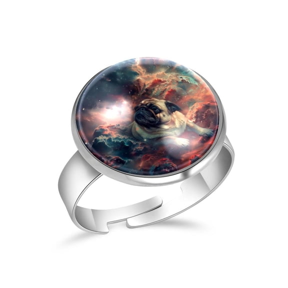 PhooArto Space Galaxy Pug Dog Stainless Steel Rings for Women, Open Adjustable Ring Promise Ring Jewelry Gifts