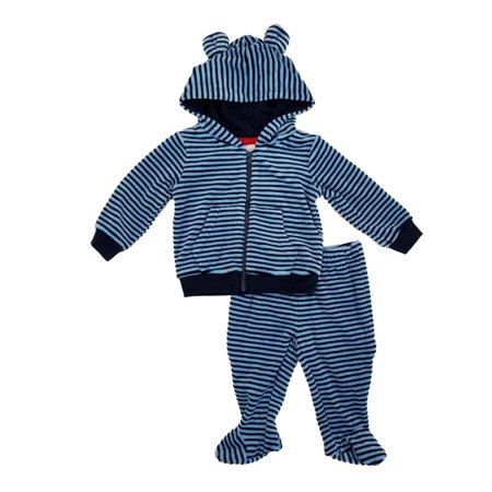 Infant Boys 2-Piece Blue Striped Terry Hoodie & Footed Pants Set