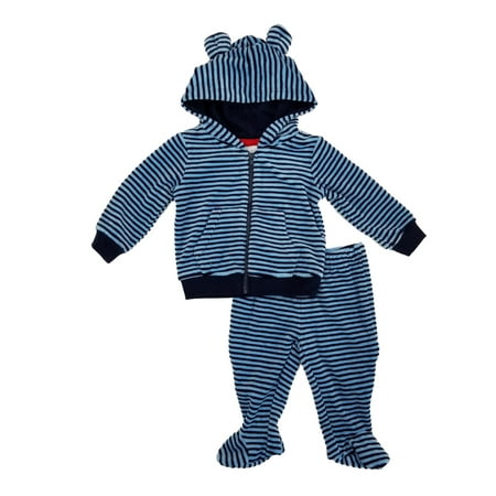 Infant Boys 2-Piece Blue Striped Terry Hoodie & Footed Pants Set