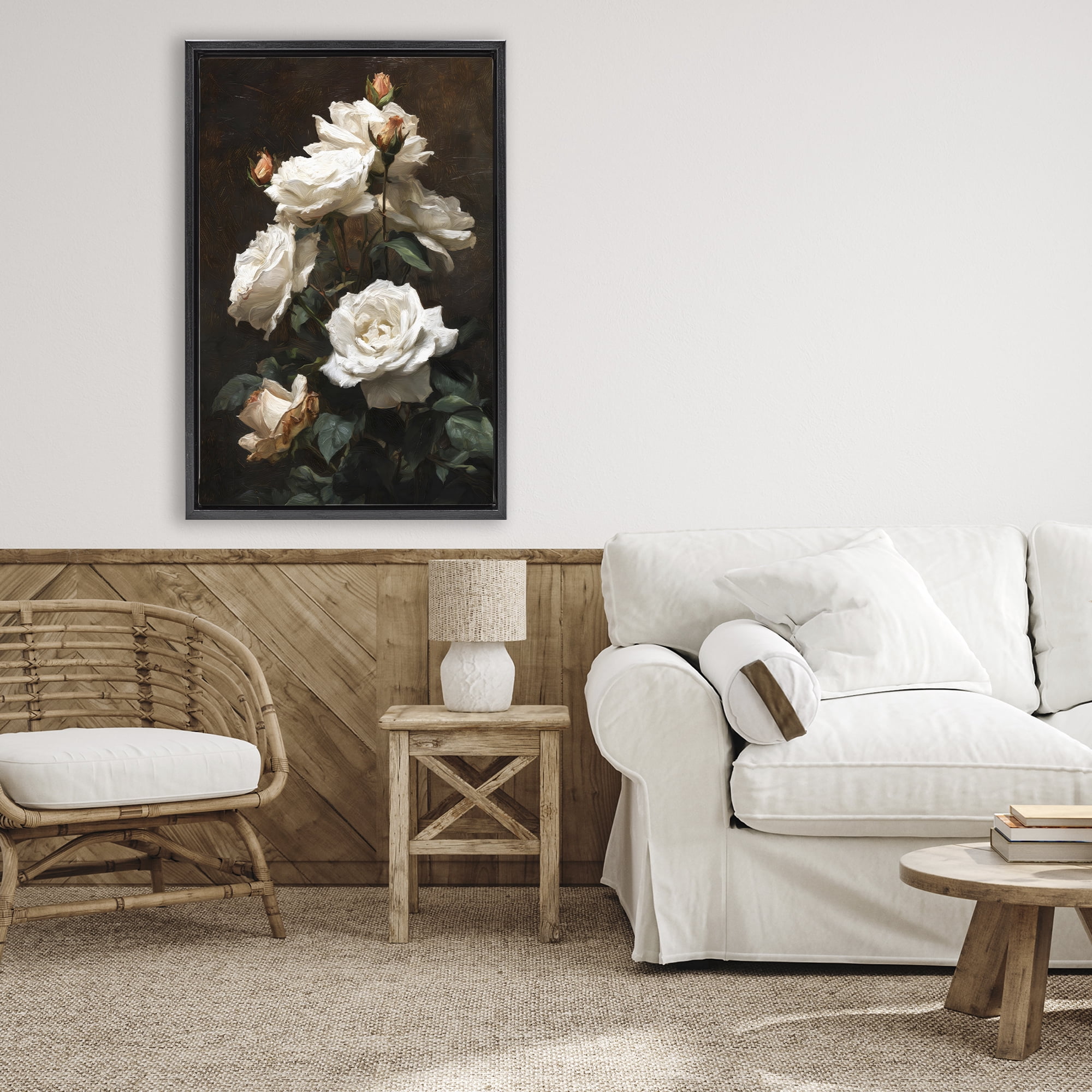 Stupell Industries Tower of White Roses Black Framed Floater Canvas Wall Art, design by Petal Prints Design