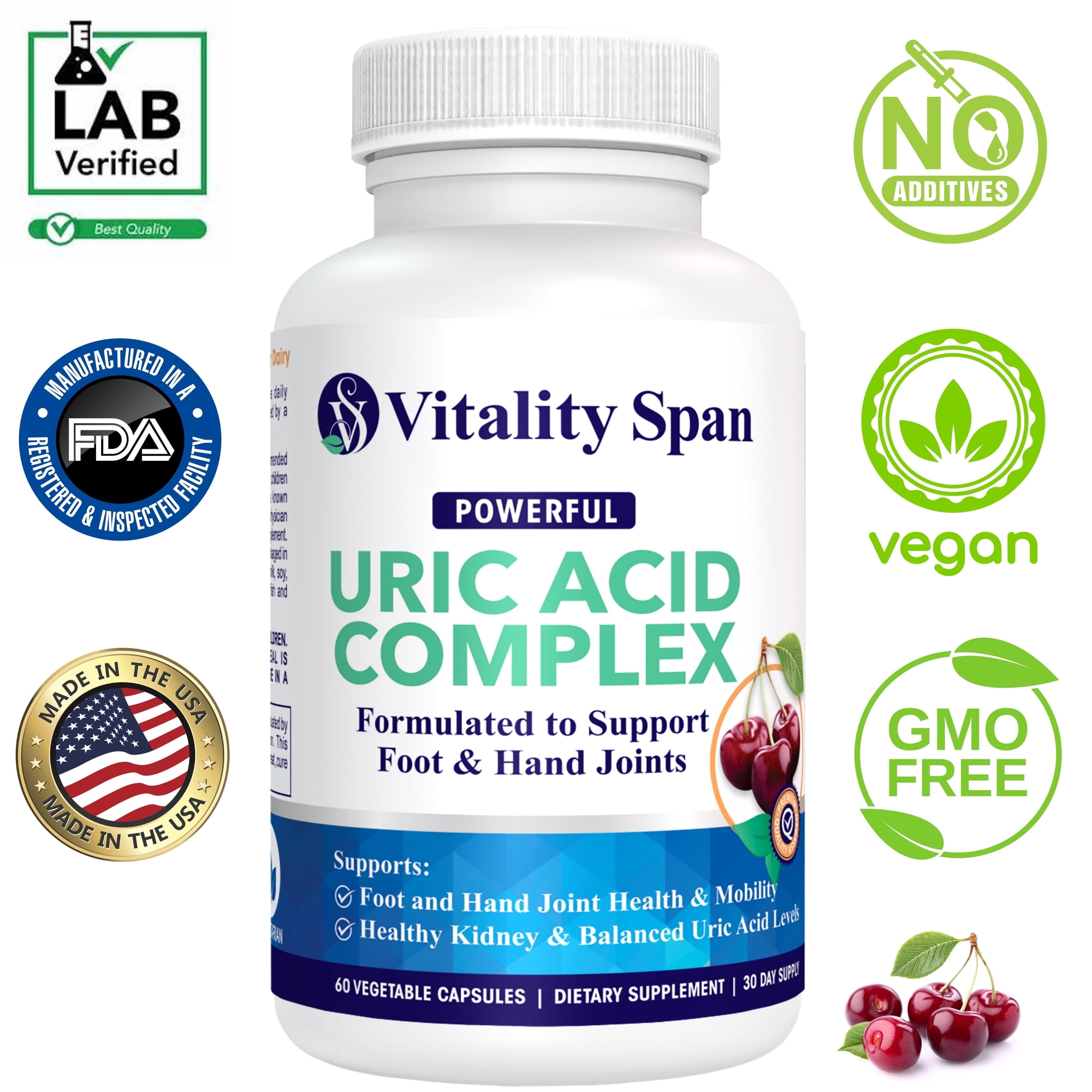 Uric Acid Cleanse & Support Supplement with Tart Cherry – 60 Veg Capsules, Made in USA