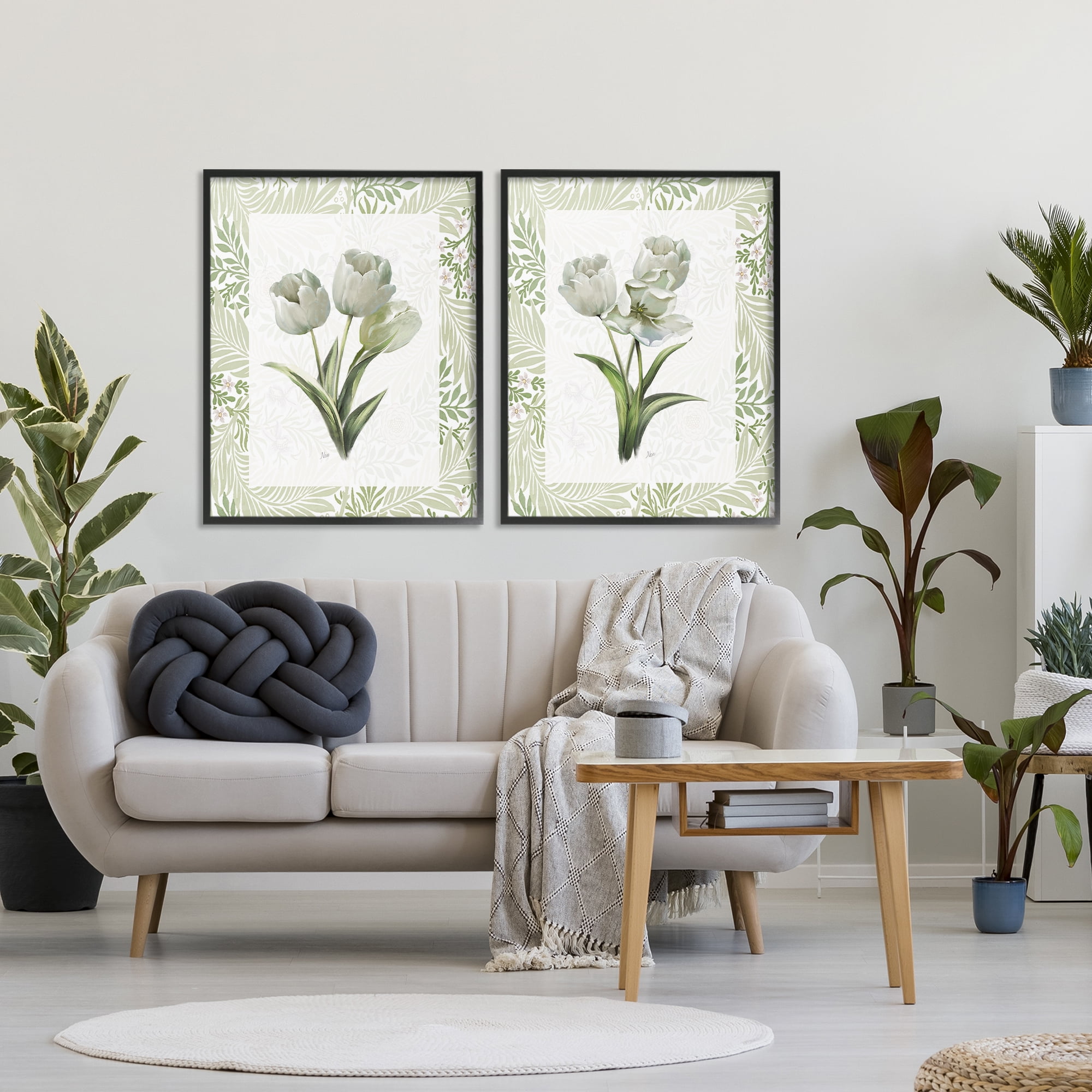 Stupell Industries Soft Green Tulip Trios 2 Piece Black Framed Giclee Art Set, design by Nan