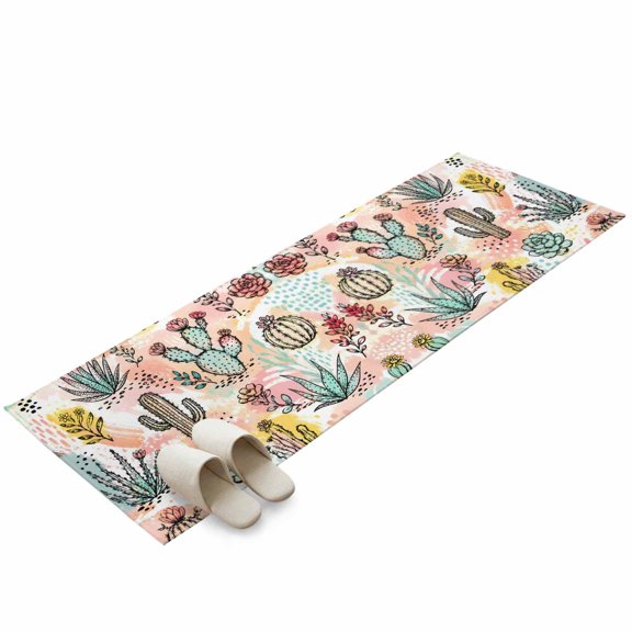 Prickly Pear Cactus Washable Area Rug 2 x 6 ft Desert Summer Blooming Wildflower Pink Teal Soft Non‑Slip Rugs Stain Repellent Indoor Mats for Long Hallway, Kitchen Runner, Corridor Laundry