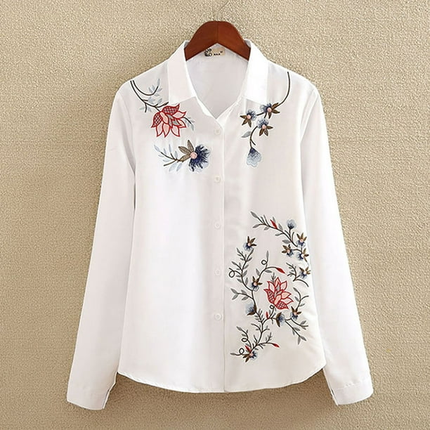 Casual Ladies Shirts Fashion Plus Size White Flower Embroidery Top