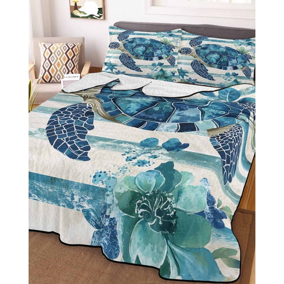 Teal Blue Turtle Coastal Queen Size Down Alternative Comforter, Lightweight Comforter Quilt Bedding Set with Pillow Shams Vintage Stripe Botanical Beach All Seasons Bed Comforter Duvet Insert 90"x96"