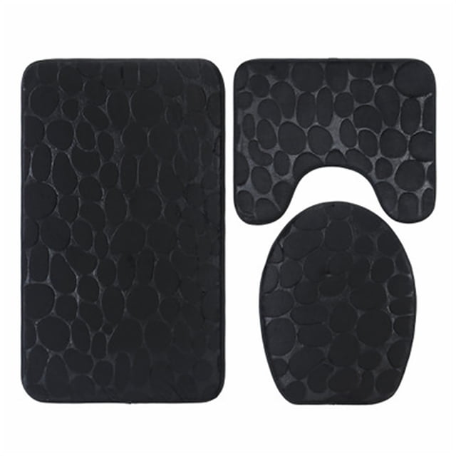 3 alfombrillas de baño con relieve de adoquines, antideslizantes, para tapa de inodoro, color negro
