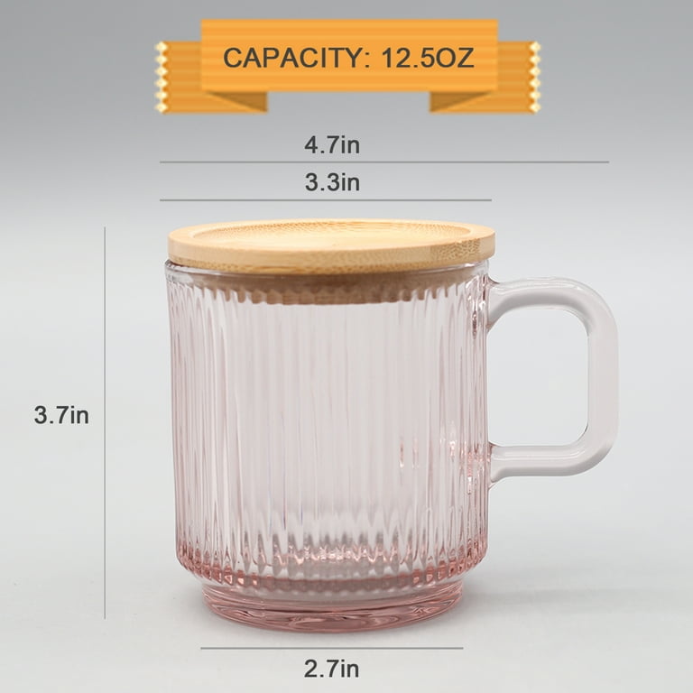 Lysenn Glass Coffee Mug with Lid - Premium Classical Vertical Stripes Glass  Tea Cup - for Latte, Tea, Chocolate, Juice, Water - Lead-Free - Bamboo Lid  - 12Fl oz, Pink 