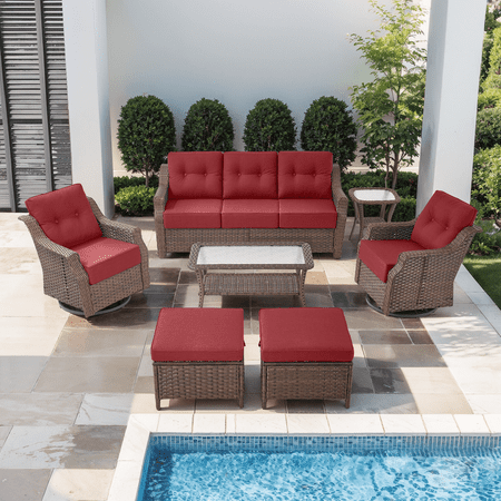 PARKWELL 7 Pieces Outdoor Patio Furniture Set Luxury 6 Thick Conversation Set with Swivel Glider Chairs All-Weather Seating Furniture Set for Backyard Deck Brown/Red