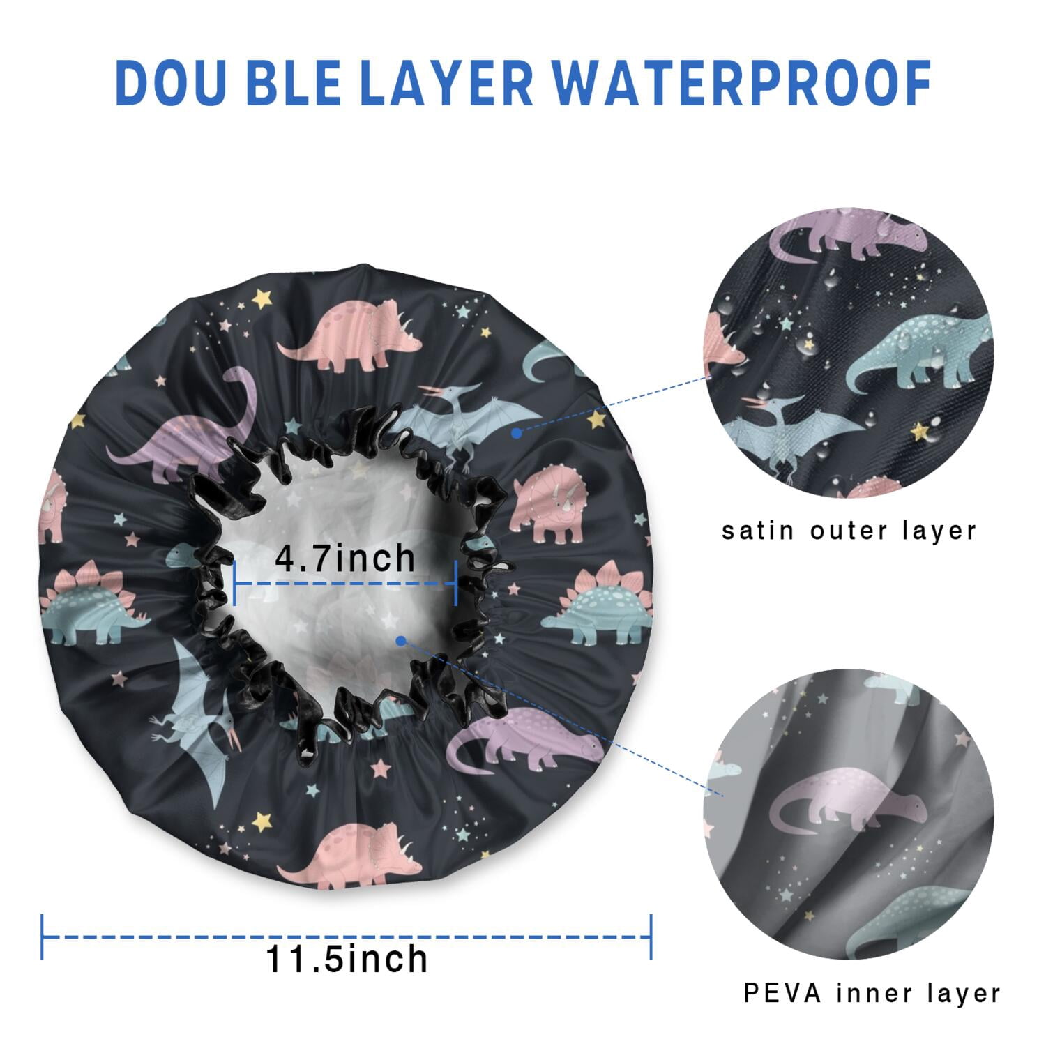 Shower Caps,Black Dinosaurs Stars Pterosaurs Pattern Waterproof Shower Cap for Women 4 Pieces,Double Reusable Hair Cover for Shower PEVA Elastic Stretch Hem