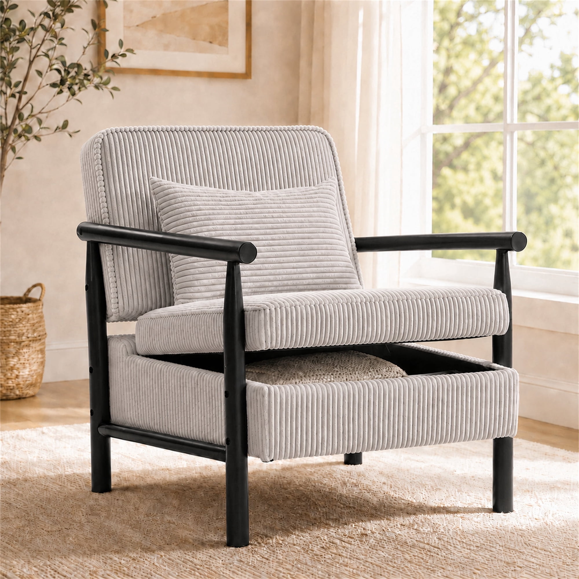 SESSLIFE Accent Chair with Hidden Storage, Wide Seat Corduroy Reading Armchair with Lumbar Pillow, Living Room Chair with Solid Wood Frame, Gray
