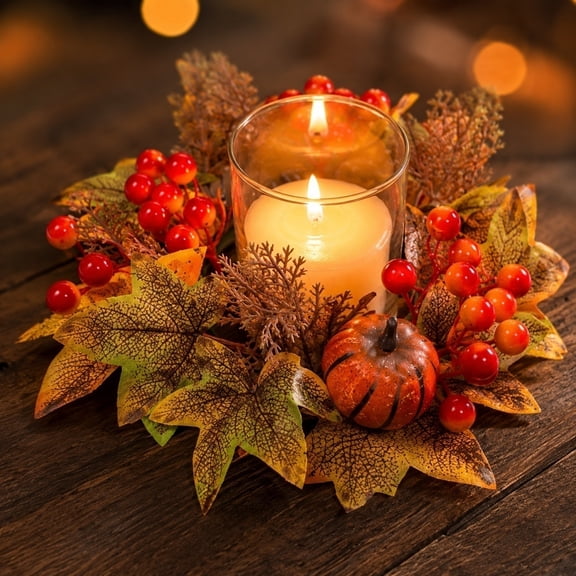 Thanksgiving Candle Ring Wreath Artificial Maple Leaves Berries Sunflowers Pumpkin Candle Holder Rings for Fall Home Table Centerpiece Decoration (D)