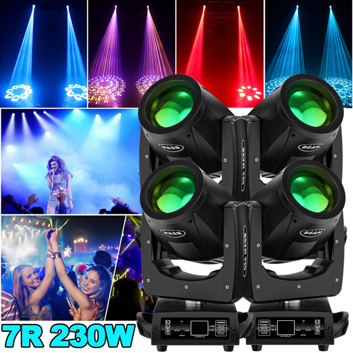 4pcs 7R 230W Beam Stage Moving Head Light 15 Gobos and 14 Colors DJ Light Rainbow Effect DMX512 Control for Disco Party Club Bar DJ Show Stage Lighting