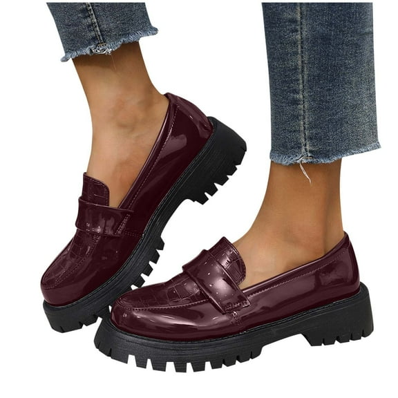 Gpaecead Women College Style Thick Sole Loafers Patent Leather Glossy Spring Summer Casual Heightening Slip On Shoes, Burgundy