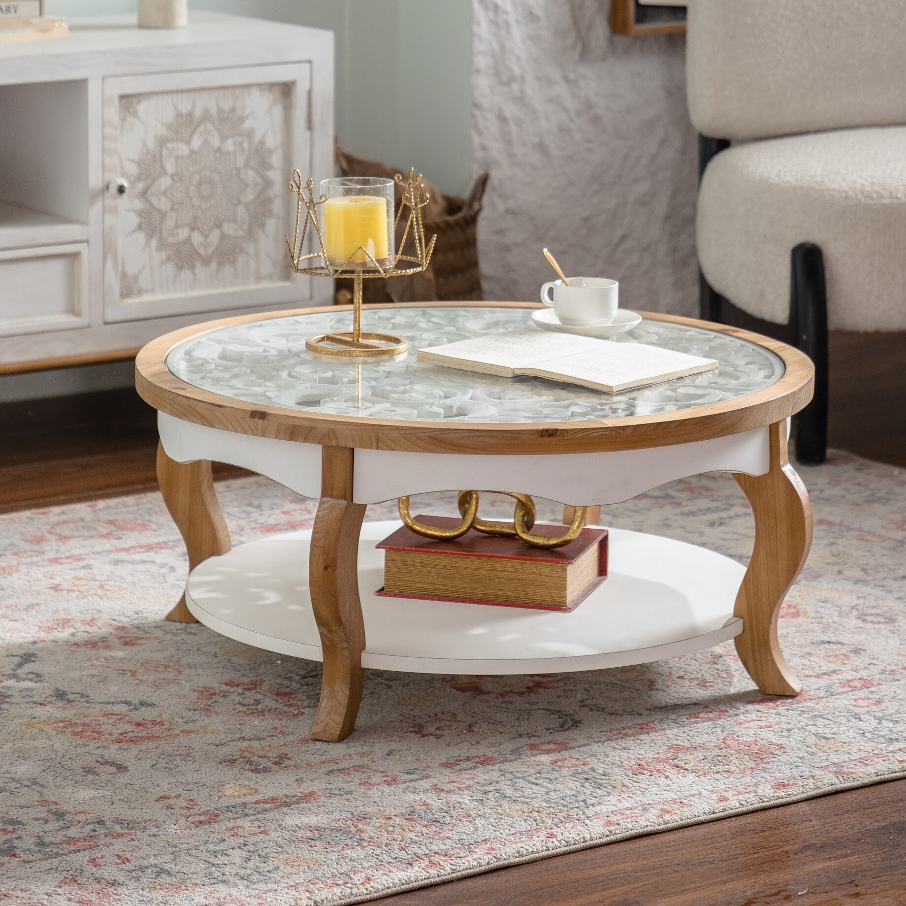 Round Wood Coffee Table with Glass Top, Solid Wooden Center Table with Curved Legs and Removable Tempered Glass for Living Room, Small Space Friendly