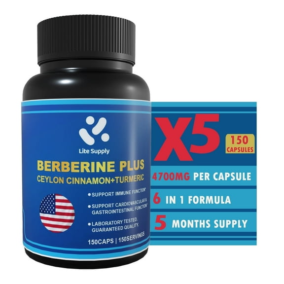 Lite Supply Berberine HCL 4700mg, 150 Capsules - Plus Pure True Ceylon Cinnamon, Turmeric - Berberine HCL Supplement Pills