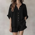 thumbnail image 2 of VBVC Women's 2 Piece Cotton-Linen Collared Outfit Set,Button Down Shirt and Shorts for Women,Ladies Casual Loose Loungewear with Pockets,Black,S-3XL, 2 of 9