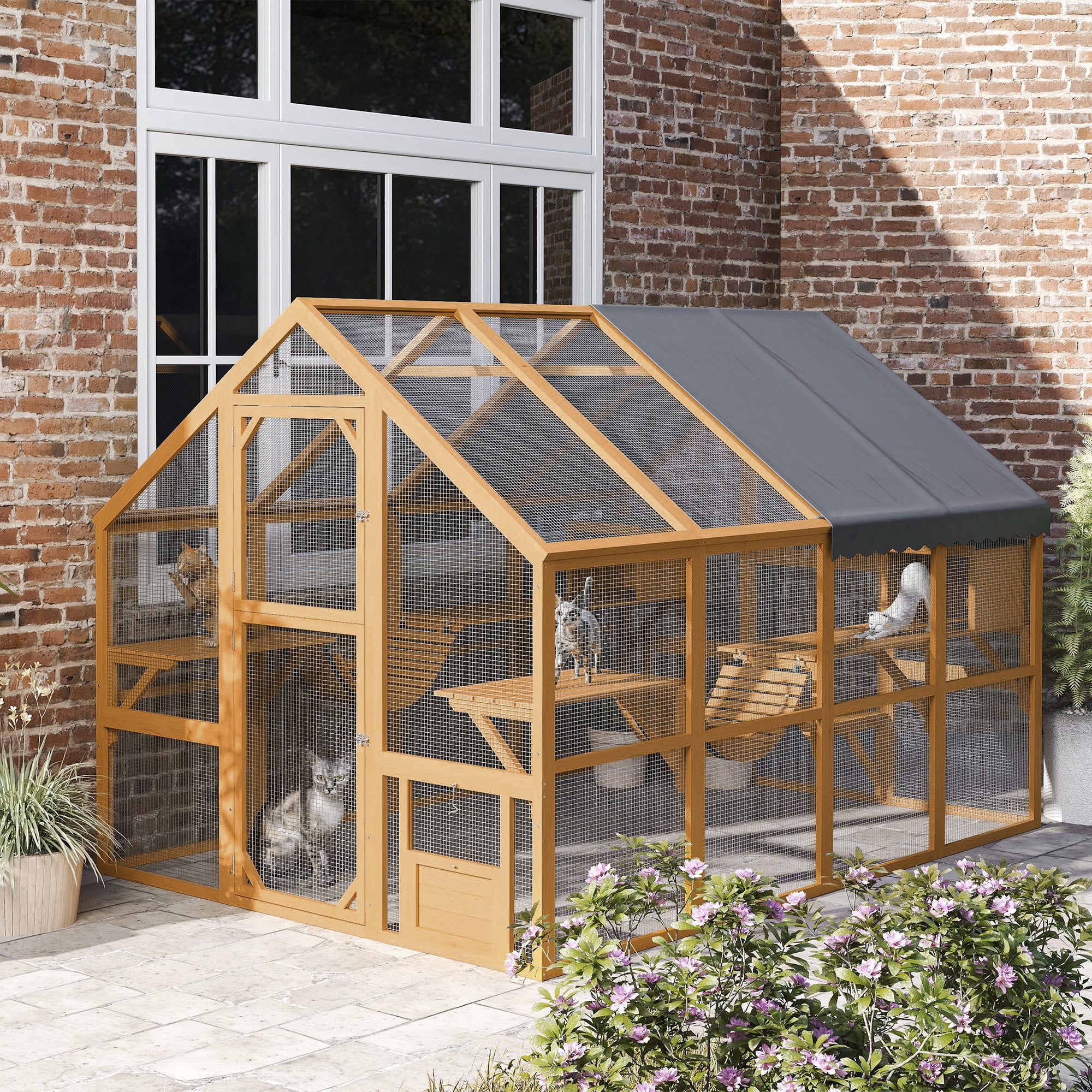 PawHut Large Catio Outdoor Cat Enclosure, Wooden Cat House for Multiple Kittens with Waterproof Cover, 2 Condos, 6 Platforms, Bridge, Doors, Yellow