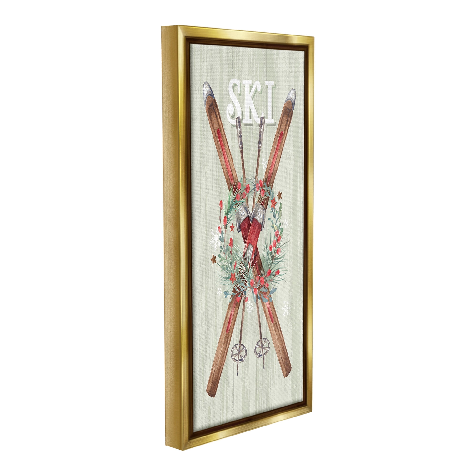 Stupell Industries Rustic Winter Skis Botanical & Floral Painting Gold Floater Framed Canvas Art Print Wall Art, 14 x 31