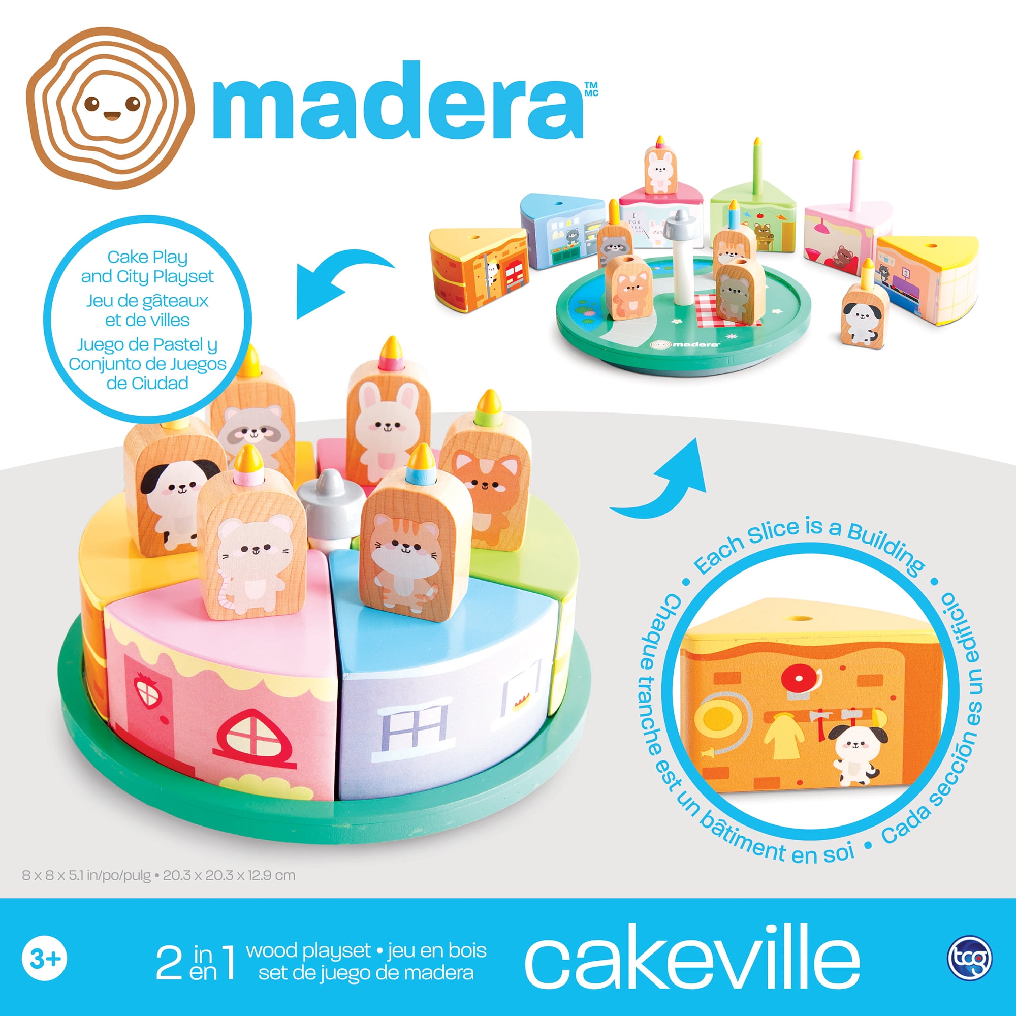 Madera Wood: Cakeville Playset - Activity Scene & Animal Figures, Surprise-Filled Cake Slices, Transformative Characters, Kids-Toddlers Ages 3+