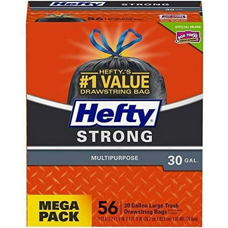 Hefty Strong Multipurpose Large Black Trash Bags, 30 Gallon, 56 Count
