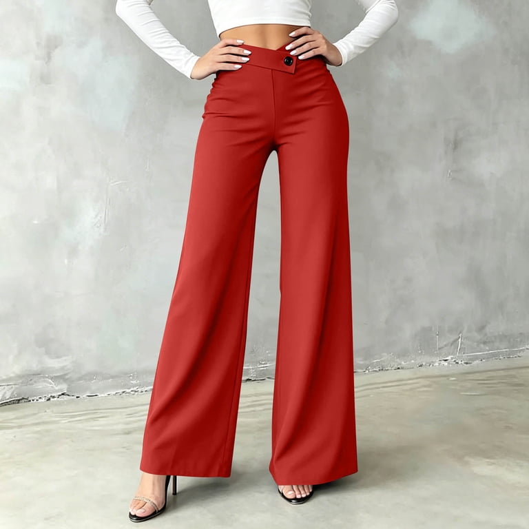 red flare dress pants Qatainlav Red Woman Crossover Waist Yoga Pants Solid Casual Flared Leg Dress Pants Dressy Office Business Work Trousers M, Women's, Size: Medium