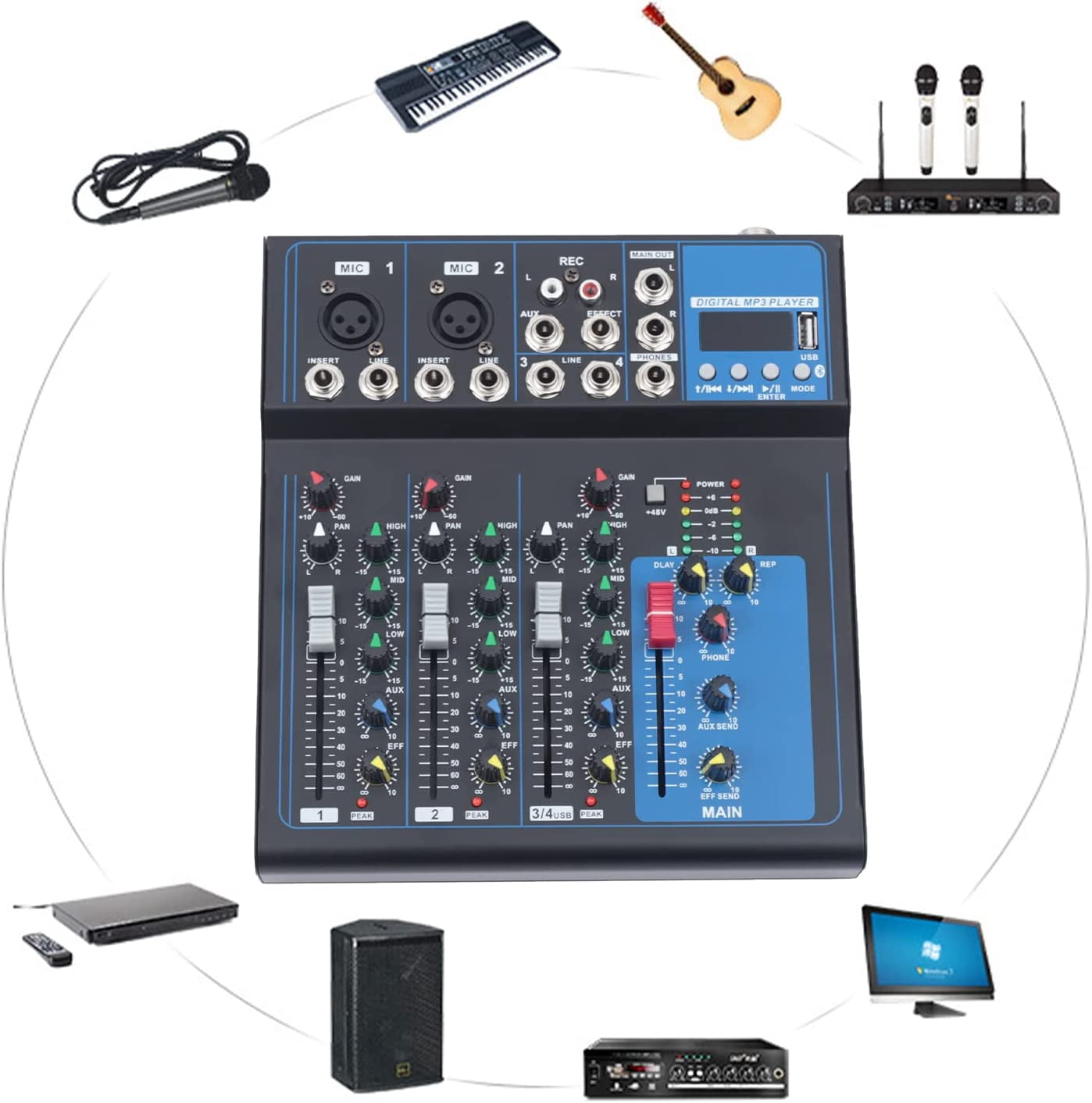 Anqidi Professional 4 Channel Digital USB Audio Interface Bluetooth Studio DJ KTV Mixer Sound Board Console 110V