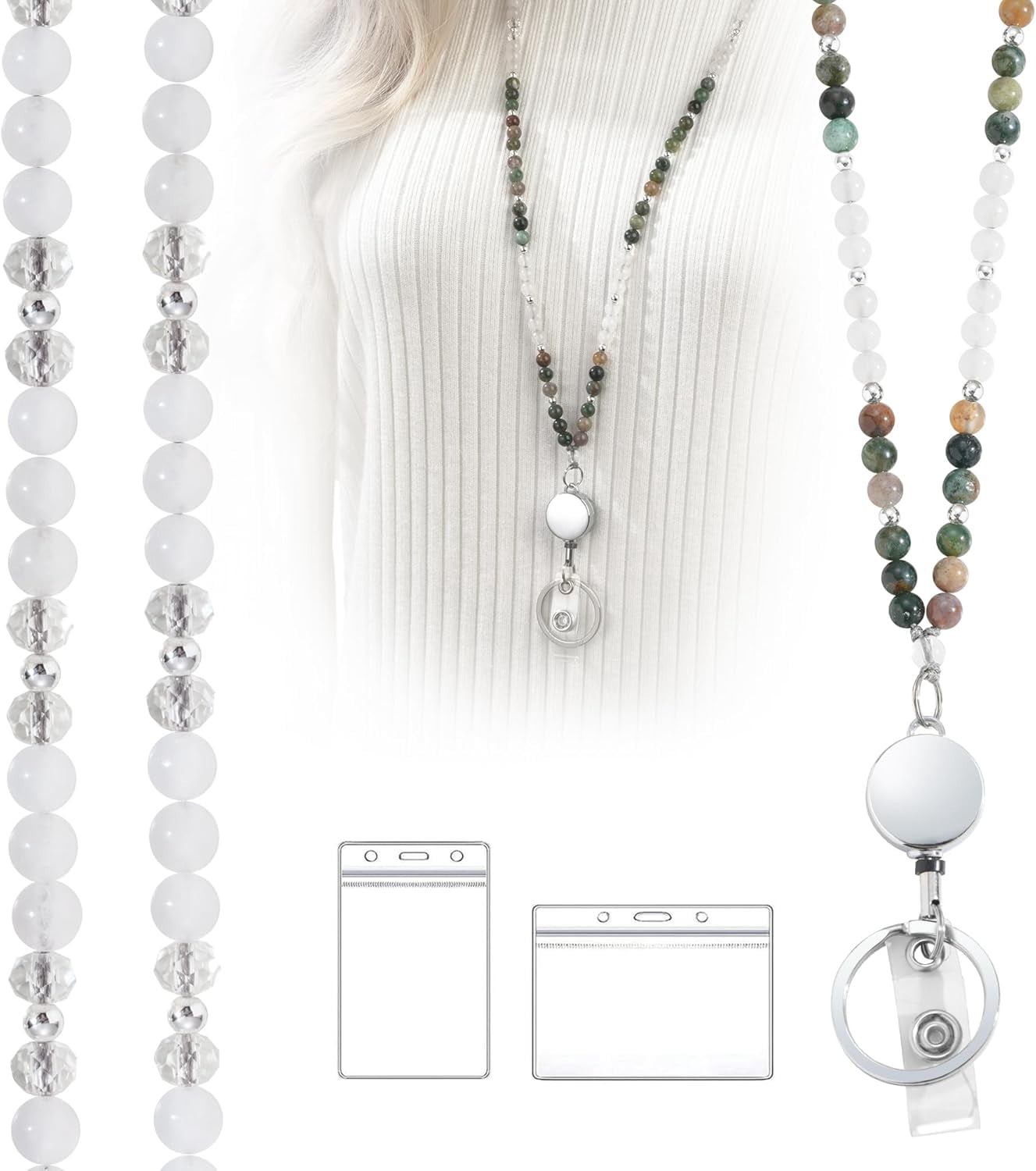 Teacher Lanyards for ID Badges and Keys, Retractable Beaded Lanyards for Women Natural Stone, Cute Lanyard High-Performance Indian Agate